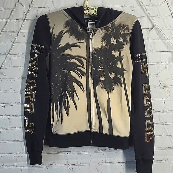 2014 RARE Victoria's Secret PINK Palm Tree Sequin Logo Spellout Hoodie Size XS - Picture 1 of 17